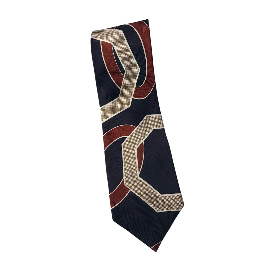 Bugatti Mens Silk Tie Italian Blue Red‎ Tan Geometric Palm Leaf Jacquard Design